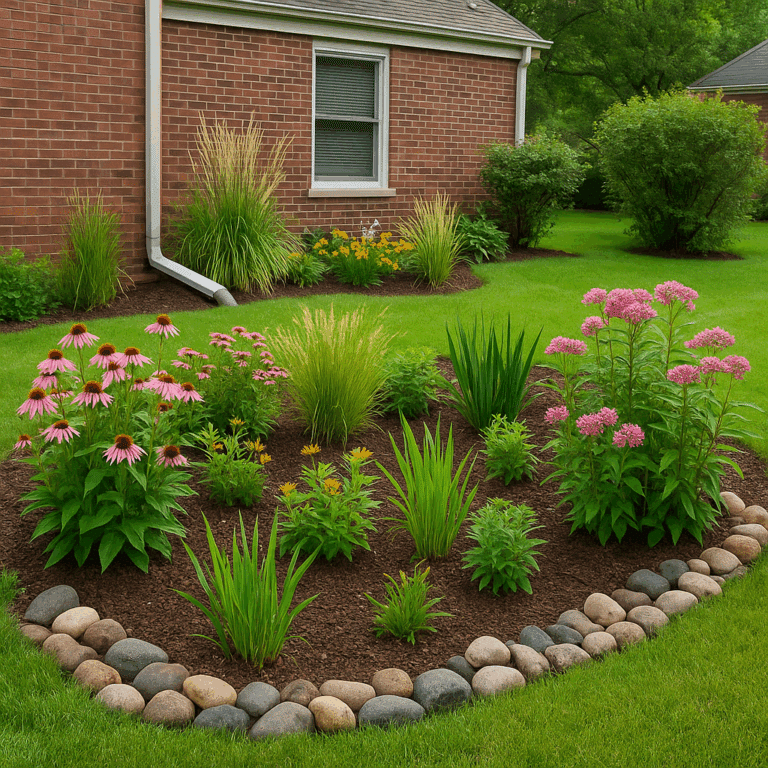 Rain Garden Landscaping with native flowers and stones in a lush suburban Illinois yard