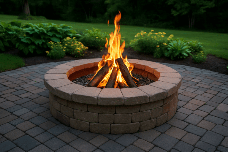 Outdoor fire pit installation on a paver patio with stacked stone, glowing flames, and a landscaped garden backdrop.