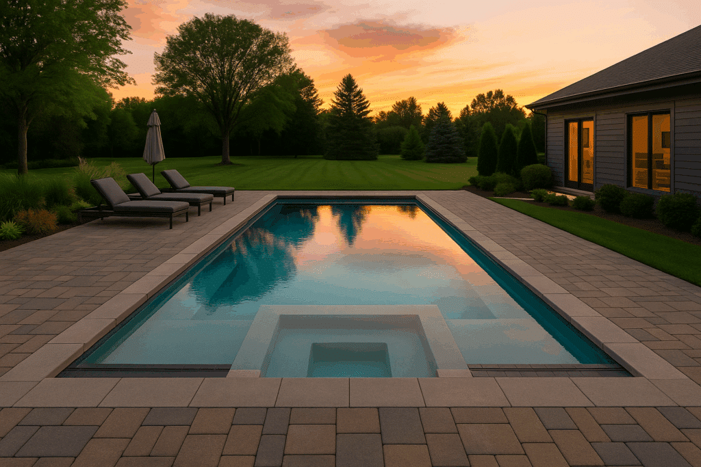 Inground pool shapes — modern rectangular pool with tanning ledge and paver deck in an Illinois backyard at sunset