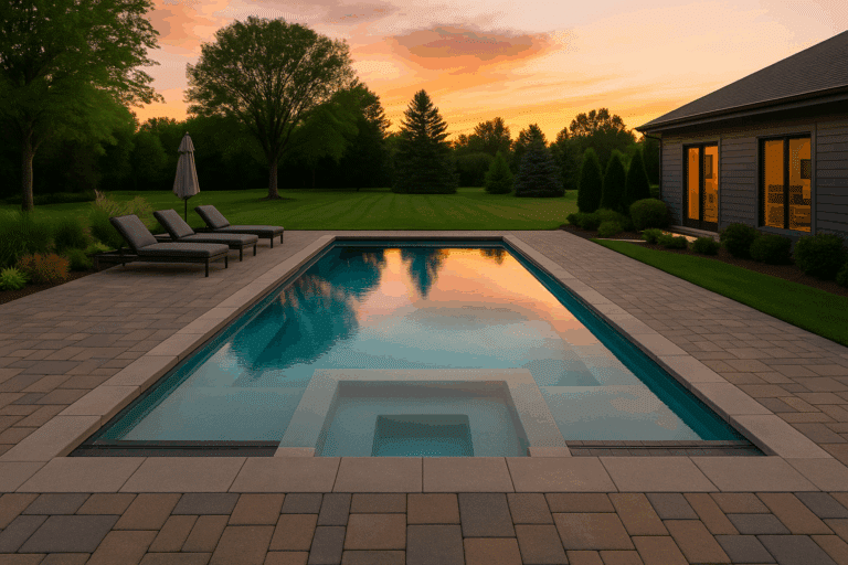 Inground pool shapes — modern rectangular pool with tanning ledge and paver deck in an Illinois backyard at sunset