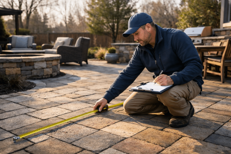 Patio cost estimate visit with installer measuring an existing stone patio