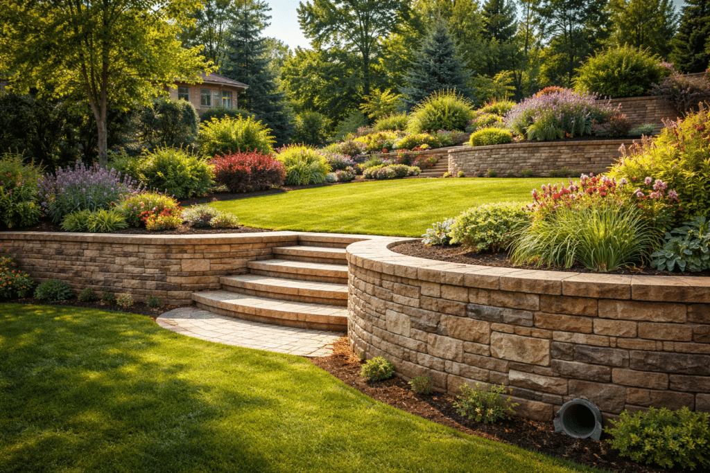 retaining wall installation St. Charles terraced backyard with segmental block retaining wall and landscaping