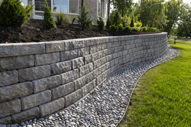 retaining wall installation showing curved segmental block wall in landscaped Northern Illinois yard