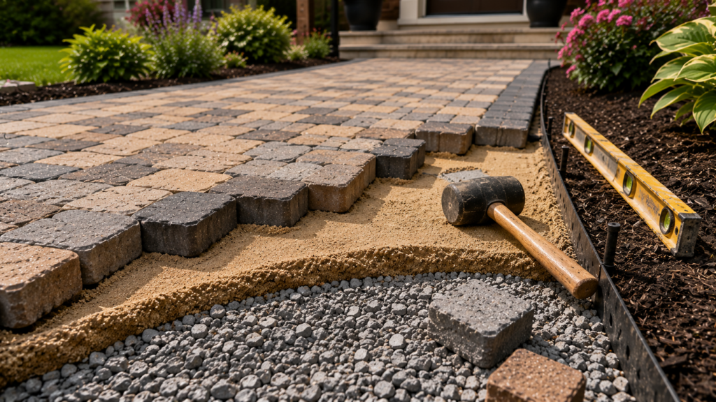 paver walkway installation with sand being swept into paver joints
