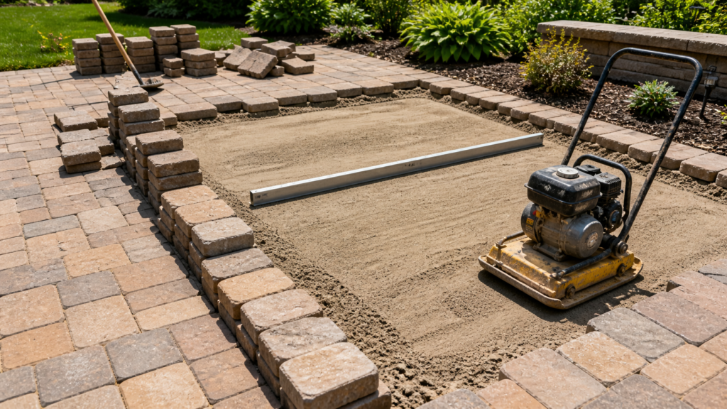 paver patio repair releveling process with lifted pavers and compacted base