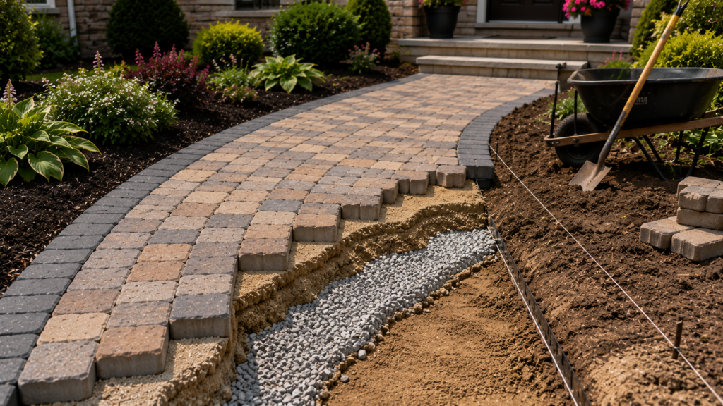 paver walkway installation base with gravel layer and compacted bedding