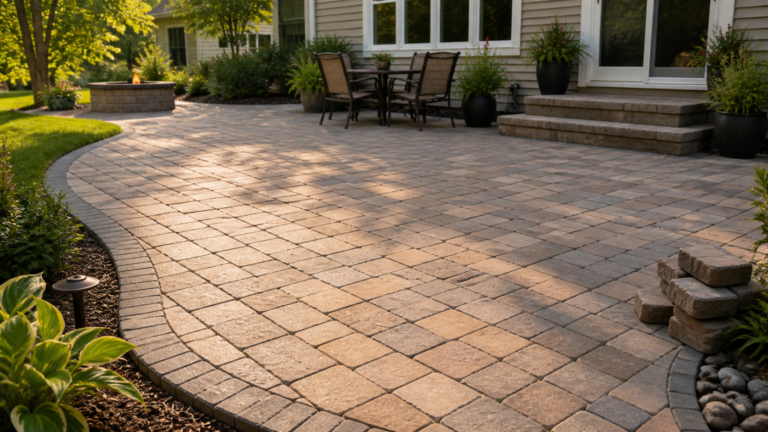 paver patio repair showing a finished level backyard patio with clean joint lines