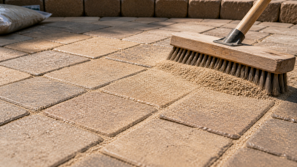 paver patio repair showing polymeric sand being swept into paver joints
