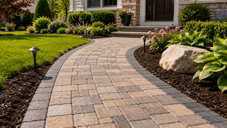 paver walkway installation showing curved front walkway with landscaped borders