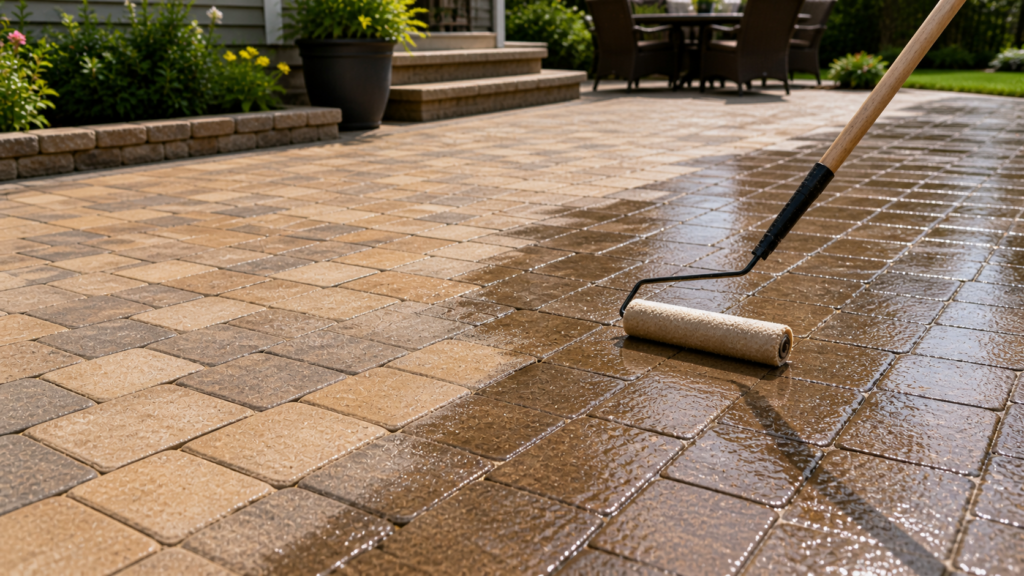 paver patio repair finishing step showing sealer applied with roller