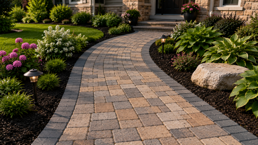 paver walkway installation leading to a residential front entrance