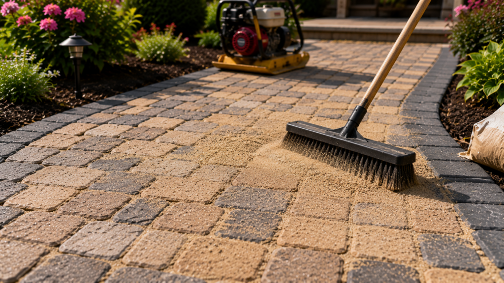paver walkway installation with sand being swept into paver joints