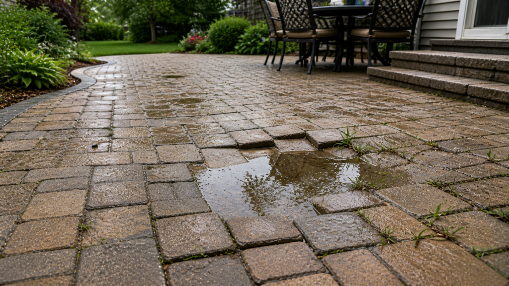paver patio repair issue showing uneven pavers with water puddling and weeds