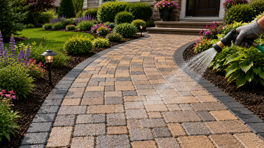 paver walkway installation with water applied during cleaning and maintenance